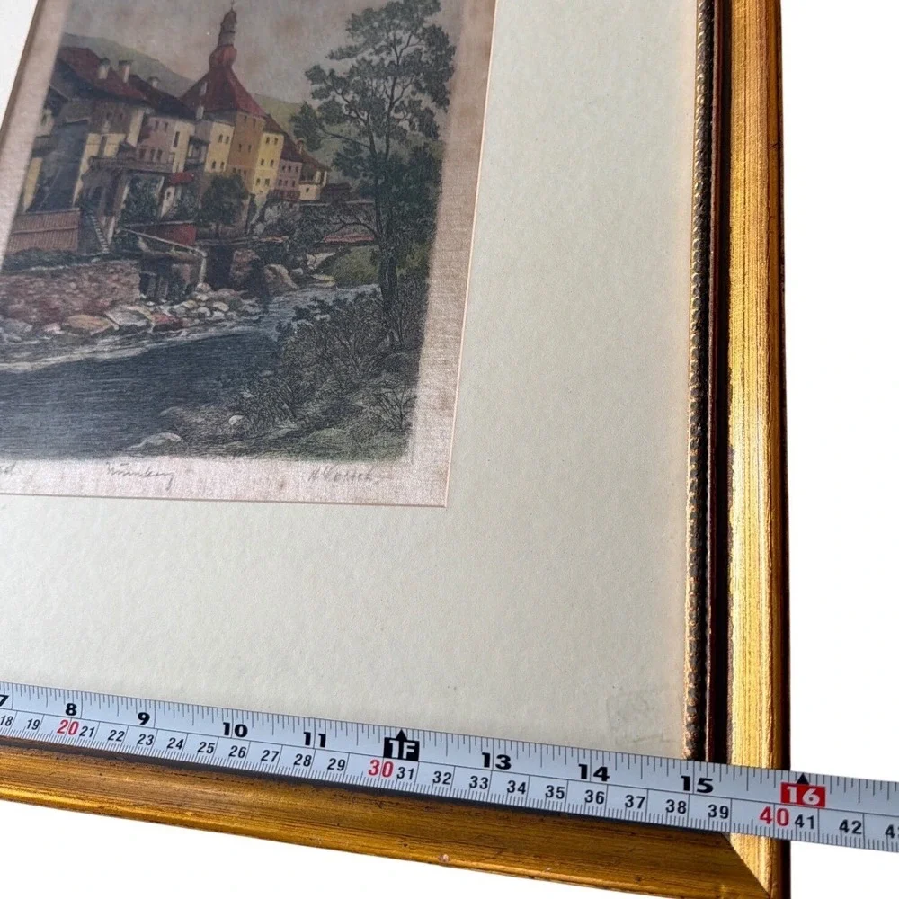 Vintage Signed European Etching Framed Wall Art Set of 3 Gold Frames Estate Find
